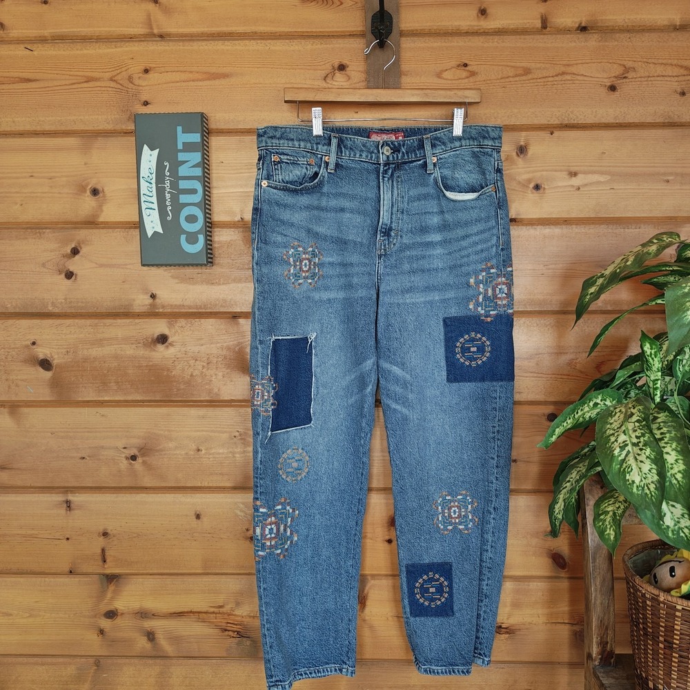 Lucky Brand Legend Mid Rise Boy Relax Straight Jean Embroider‎ Hippie Boho Sz 14